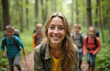 Fototapeta premium Smiling woman leads children group forest hike. Smiling face, adventure with kids, nature exploration. Summer vacation activity, teamwork, friendly path, cheerful travel, happy faces, life events,