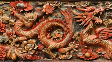 Obraz premium Taiwanese temple beam carving, close-up, vivid dragons and phoenixes, gold-red lacquer tones