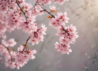 Obraz premium Delicate pink sakura petals drift on gentle breeze, soft focus background , spring background, background