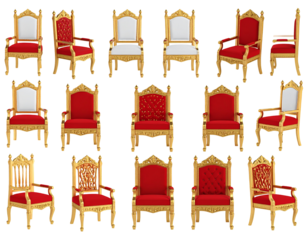 A collection of ornate, golden chairs with red and white upholstery options