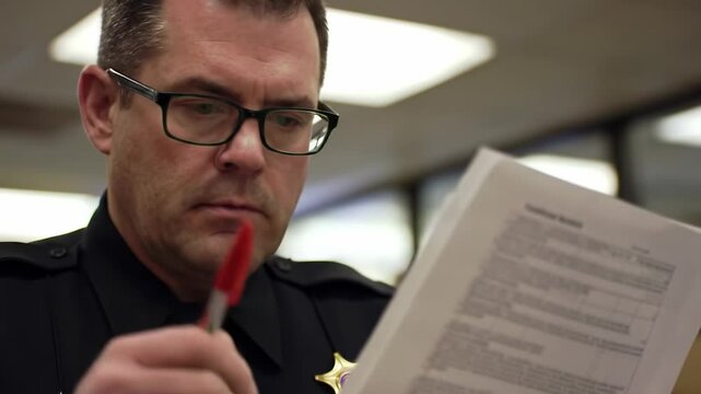 A dedicated police officer examines important paperwork while in the station, ensuring proper procedures are followed amidst a busy workday. The focus is on thoroughness and professionalism.