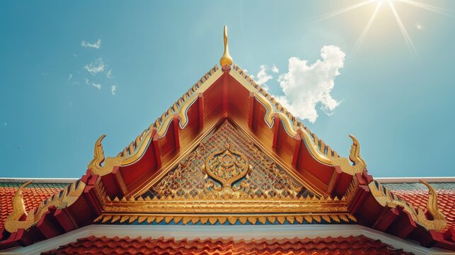 Thai temple gable apex, flat lay, golden chofah ornament with red roof tile base, brilliant sunlight