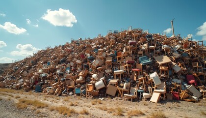 Landfill with piles discarded furniture. Environmental pollution concept. Discarded chairs, tables, beds, trash, junk and waste. Recycling, disposal and ecological problems. Blue sky, day light scene.