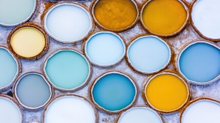 Colorful circular containers filled with paint create an artistic and vibrant composition, Ideal for creative projects, design inspiration, or showcasing color palettes in art and home decor,