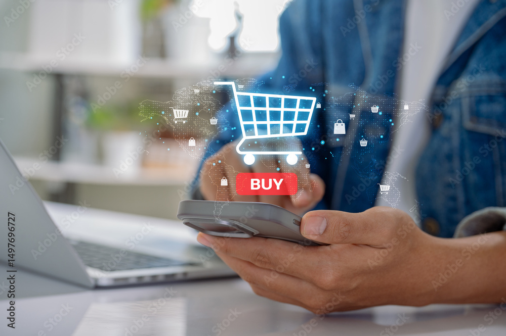 Poster digital shopping concept with hand holding smartphone and buy button, showing ecommerce technology i