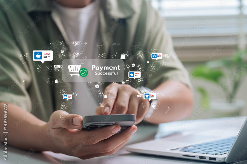 Aufkleber Secure Mobile Payment Success Concept with Young Man Completing Online Purchase via Smartphone, Featuring Digital Cart and Global Shopping Icons in Home Environment with Ecommerce Technology