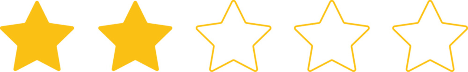 Vector yellow isolated five stars. Customer feedback concept. Vector 5 stars rating review. Two Star For Rating 