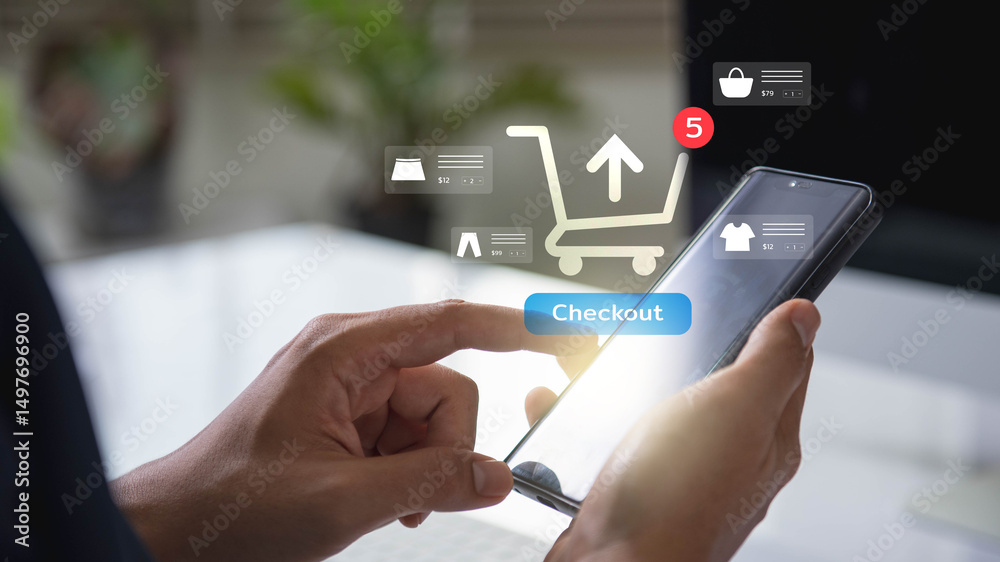 Aufkleber Mobile Checkout Screen with Shopping Cart and Product List on Smartphone, Showing Online Shopping Process and Customer Preparing Digital Purchase in Modern Ecommerce Environment.