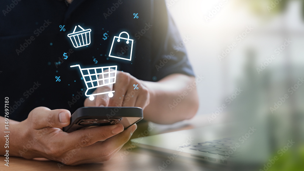 Poster e-commerce and online shopping concept with man using smartphone to browse products and make digital