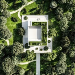 Villa Savoye, flat lay, modernist cube layout, garden surroundings, minimalist white-green