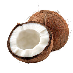 A halved coconut reveals its white flesh, alongside a whole coconut.  Brown husk, fibrous exterior