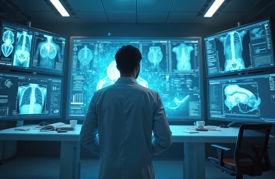 Doctor analyzes patient data on multiple monitors. Futuristic AI-enabled personalized medicine, genetic info, and AI algorithms in health care. Modern tech in hospital, clinic environment.