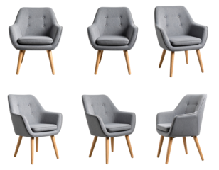 Grey upholstered armchairs with wooden legs