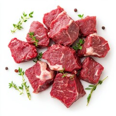 Fototapeta premium Raw Beef Cubes with Thyme and Peppercorns Isolated on White Background