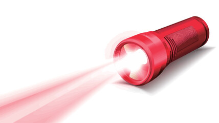 Close-up studio shot of a red flashlight emitting a bright, focused beam of red light against a pure white background. The flashlight is cylindrical with a slightly wider head, exhibiting a smooth...