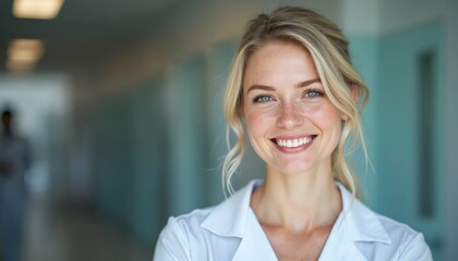 Fototapeta premium Friendly young nurse with light blonde hair, freckles smiles at camera in healthcare setting. Woman wears white uniform. Healthcare pro in modern workplace environment.