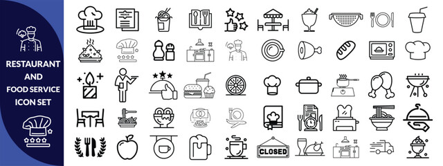 Restaurant and food service icon set. Thin line editable stroke icons for menus, meals, dining, drinks, cafes, bars, delivery, culinary branding, types of food and restaurants. icon Design big set.