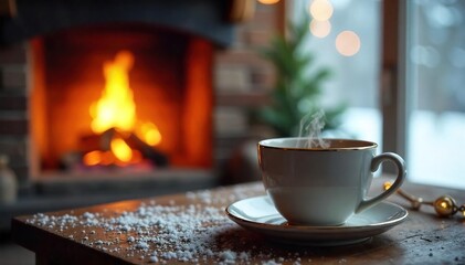 Fototapeta premium Cozy winter scene featuring a steaming mug of tea beside a warm, crackling fireplace Perfect for blogs, websites, and social media posts about winter comfort and relaxation , hot, holiday