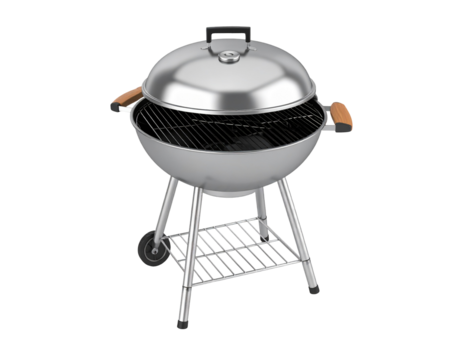 Stainless steel kettle barbecue with wooden handles, wheels, and lower shelf