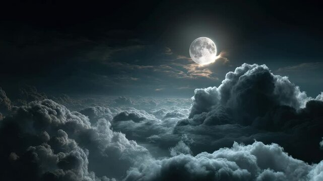 Full moon shining brightly over dark night sky with dense clouds, dramatic moonlight illuminating cloud tops, creating atmospheric and mysterious night sky scene