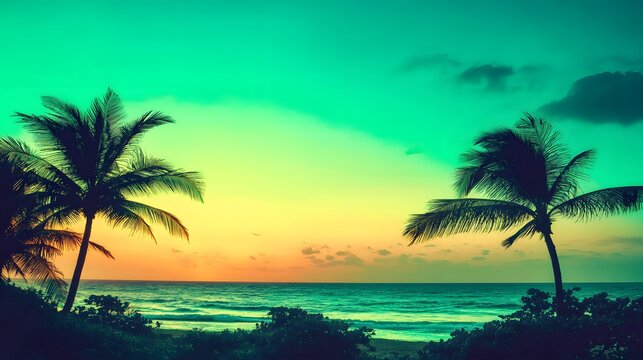Tropical Beach Sunset Palm Trees Ocean Summer