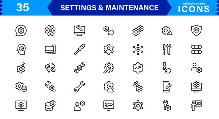 Settings Maintenance Line Icons Set. Configuration, system update, technical support, tools, service editable stroke icon vector collection