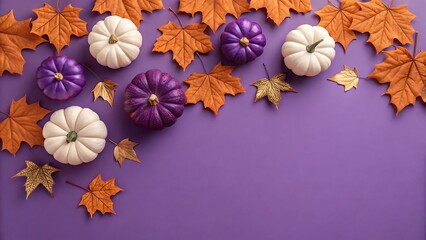 Beautiful arrangement of pumpkins and autumn leaves creating a vibrant fall season composition