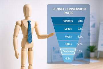 Image shows wooden mannequin in business attire presenting funnel chart with conversion rates, highlighting marketing and sales strategies