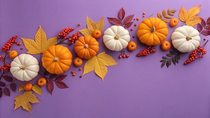 Fototapeta premium Beautiful autumn thanksgiving decoration of pumpkins gourds leaves and berries on purple background