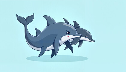 Cartoon dolphins swimming happily against a light blue background
