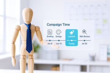 Wooden mannequin with blue polka dot tie standing front of digital campaign timeline display showing launch date as today, representing marketing