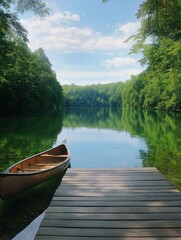 Wooden dock on the right side of a lake. the dock is made of light-colored wood and extends into the water.