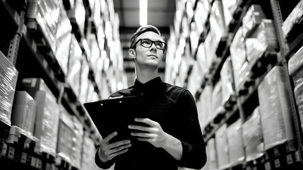 Young Man in Warehouse Analyzing Stock Inventory with Clipboard