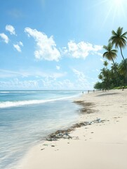 Beautiful landscape of a beach with a clear blue sky and white clouds. the beach is sandy and has a few palm trees on the right side.