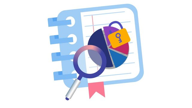 Confidential data analysis notebook logo in cartoon animation. Secure financial report review icon. Key business insights journal symbol. Strategic audit and analysis. Alpha channel. Seamless looping.