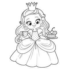 Cute cartoon princess in a lush dress with a piece of cake on a plate and a cup of tea outlined for coloring page on a white background