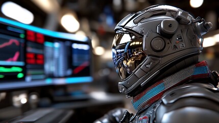 Futuristic Astronaut Monitoring Data Streams