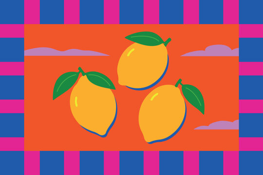 Pop Art Lemons on Orange Background – Bold Fruit Illustration with Retro Colors, Graphic Citrus Pattern for Summer Prints, Kitchen Decor, Mediterranean Style or Trendy Contemporary Digital Design