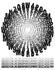 Set of simple rounded distorted fonts with letters of varying thickness on theme of disappearance. Set of letters and numbers of latin alphabet. font composition with letters in a circle. Not used AI