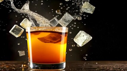 Cinematic splash of whiskey with ice cubes in low light setting - Powered by Adobe