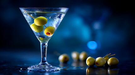 Refreshing Martini Cocktail with Green Olives in a Elegant Glass