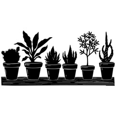 Silhouette illustration of six different potted cactus and succulent plants arranged in a row. The vector design features diverse plant shapes in black on a white background, ideal for decoration them