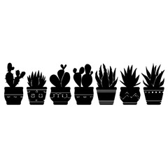 Silhouette illustration of six different potted cactus and succulent plants arranged in a row. The vector design features diverse plant shapes in black on a white background, ideal for decoration them