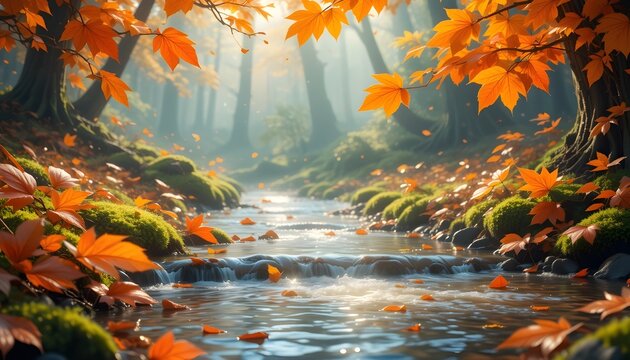 An incredibly accurate depiction of colourful leaves that are softly flowing with the current in a calm forest stream, with subtle ripples on the water's surface, displaying a rainbow of fall hues suc