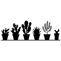 Silhouette illustration of six different potted cactus and succulent plants arranged in a row. The vector design features diverse plant shapes in black on a white background, ideal for decoration them