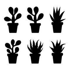 Silhouette illustration of six different potted cactus and succulent plants arranged in a row. The vector design features diverse plant shapes in black on a white background, ideal for decoration them