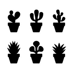 Silhouette illustration of six different potted cactus and succulent plants arranged in a row. The vector design features diverse plant shapes in black on a white background, ideal for decoration them