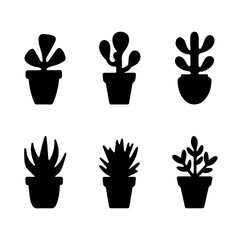 Silhouette illustration of six different potted cactus and succulent plants arranged in a row. The vector design features diverse plant shapes in black on a white background, ideal for decoration them