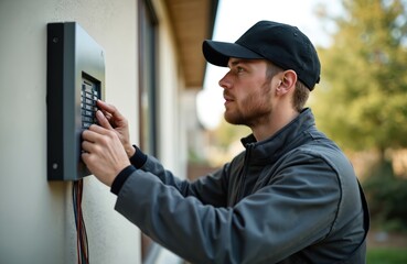 Young Caucasian technician installs security alarm system panel in residential home. Man in cap works with home automation, security tech, home protection. Safety tech, install, setup.