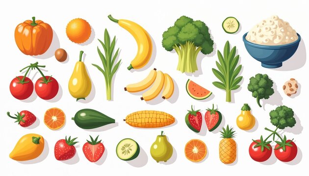 Set of various healthy food including fruits vegetables. Fiber, protein, fat, carbohydrates food categories for balanced nutrition. Fresh products for healthy dietary diet.